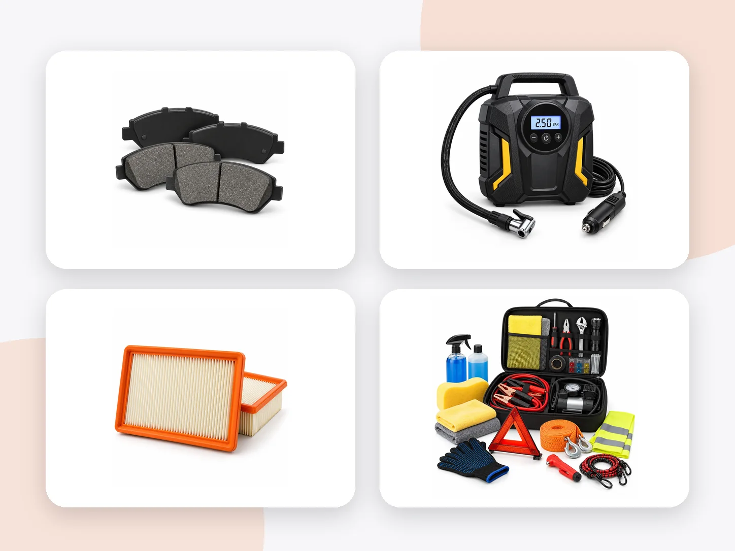 A car battery, brake pads, filters, a tyre inflator and car care products from the CARRY ACCESSORIES range