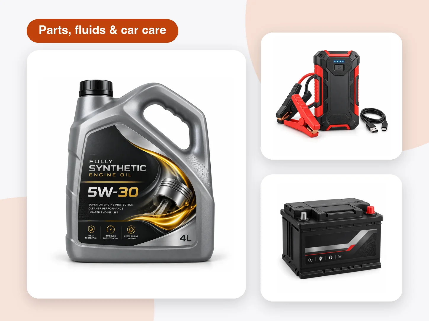 Engine oil, a car battery, brake pads, a jump starter and car care products from the CARRY ACCESSORIES range